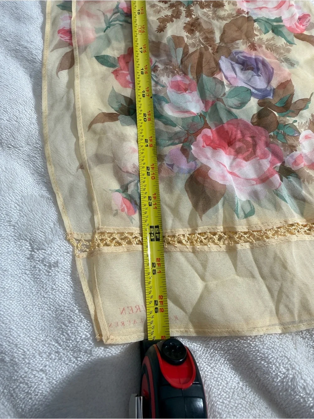 Lauren Ralph Lauren 100% Silk Floral Scarf Yellow Pink Watercolor Lace Trim